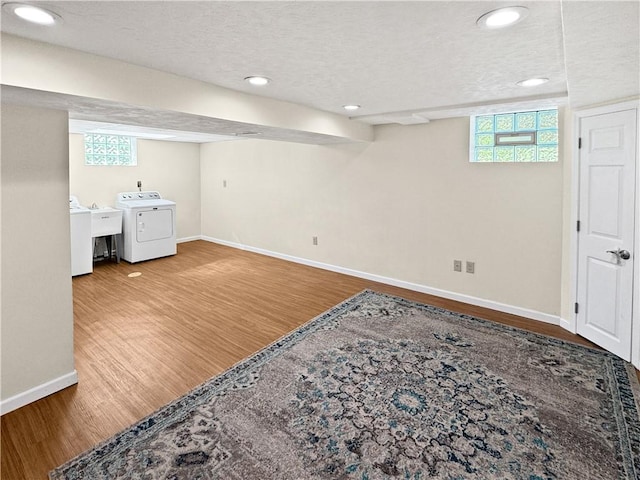 550 Brushglen Ln, Pleasant Hills, PA 15236 - basement with washer / dryer, baseboards, wood finished floors, a sink, and recessed lighting