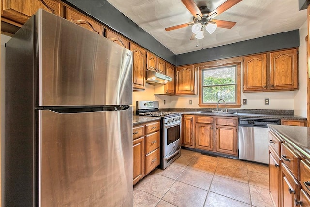 5569 Camerons Rd, Brush Val/Buffington, PA 15748 - kitchen with stainless steel appliances, a sink, under cabinet range hood, dark countertops, and brown cabinets
