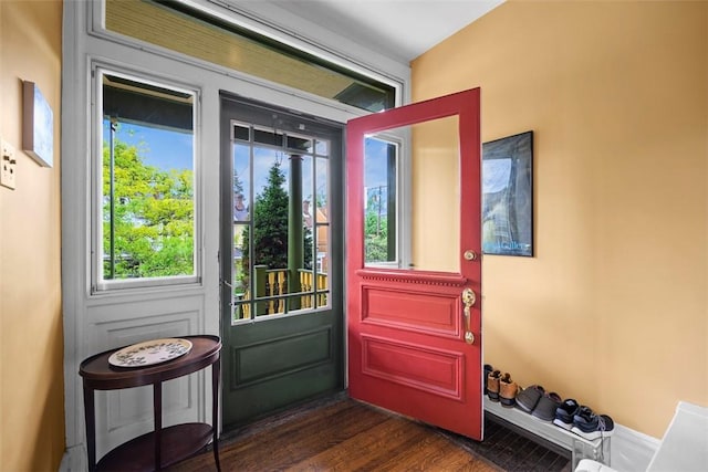 doorway with dark wood-style flooring