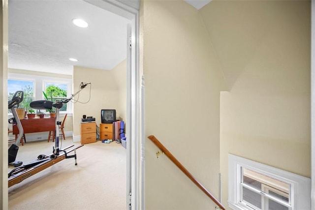 exercise area with carpet flooring and recessed lighting