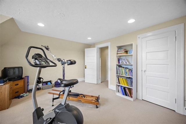 workout area with carpet, recessed lighting, and baseboards