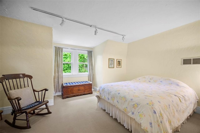 bedroom featuring track lighting, carpet floors, and baseboards