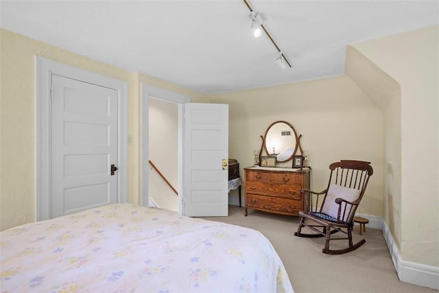 bedroom featuring carpet floors, rail lighting, and baseboards