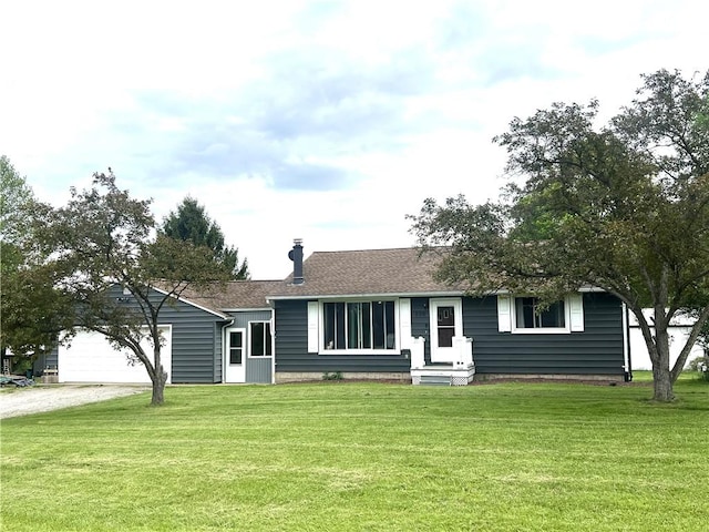 220 Baird Rd, Mahoning Twp Law, PA 16116 - ranch-style house with dirt driveway, a front yard, a chimney, and an attached garage