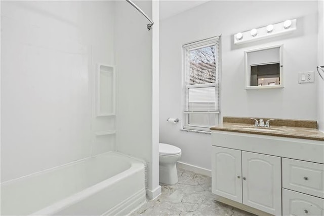 3277 Tuxedo St, Sheraden, PA 15204 - bathroom featuring marble finish floors, toilet, baseboards, vanity, and bathtub / shower combination