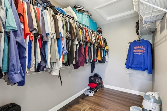 spacious closet featuring attic access and wood finished floors