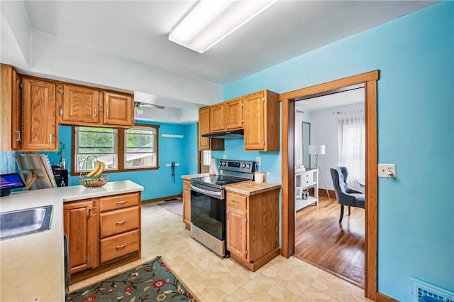 188 Taylor Ave, Sharon, PA 16146 - kitchen featuring stainless steel range with electric stovetop, healthy amount of natural light, under cabinet range hood, and light countertops