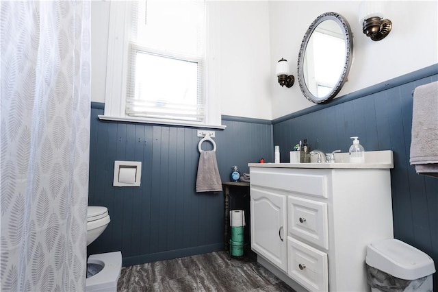 351 Center Ave, West View, PA 15229 - full bathroom featuring wainscoting, wood finished floors, vanity, toilet, and a shower with curtain