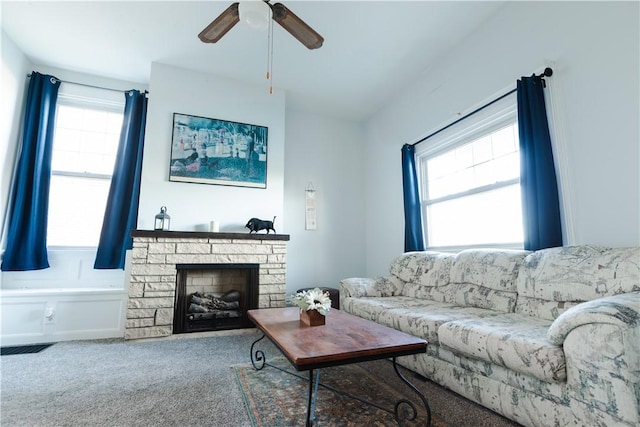 351 Center Ave, West View, PA 15229 - carpeted living area with ceiling fan and a stone fireplace