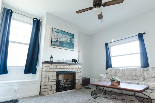 351 Center Ave, West View, PA 15229 - carpeted living room with healthy amount of natural light, a ceiling fan, and a fireplace