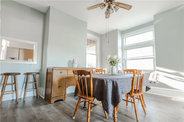 351 Center Ave, West View, PA 15229 - dining room with dark wood-style flooring, ceiling fan, and baseboards