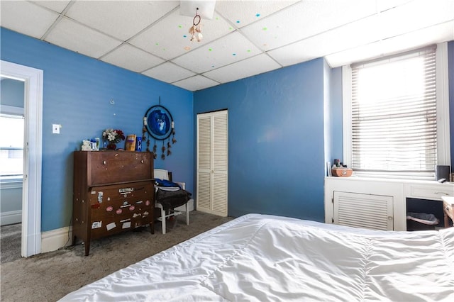 351 Center Ave, West View, PA 15229 - carpeted bedroom with a drop ceiling, multiple windows, a closet, and baseboards