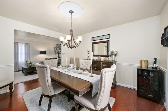 9204 Douglas Fir Dr, Plum Boro, PA 15239 - dining space featuring a chandelier, dark wood-type flooring, beverage cooler, and baseboards