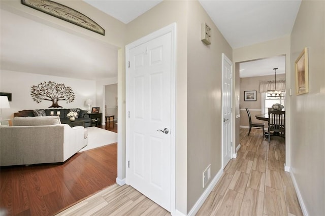 9204 Douglas Fir Dr, Plum Boro, PA 15239 - hall featuring light wood-type flooring, a chandelier, and baseboards