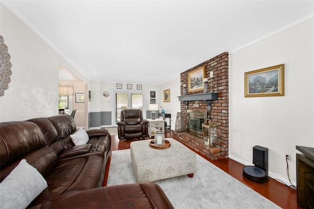 9204 Douglas Fir Dr, Plum Boro, PA 15239 - living room featuring a fireplace, dark wood-style flooring, baseboards, and crown molding