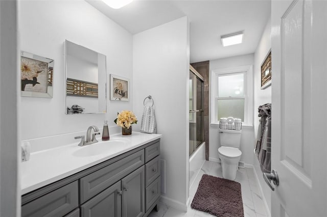 9204 Douglas Fir Dr, Plum Boro, PA 15239 - full bathroom with marble finish flooring, toilet, vanity, bath / shower combo with glass door, and baseboards