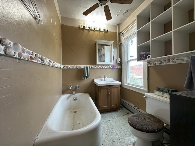218 Keystone Way, Ellwood City Law, PA 16117 - bathroom with baseboard heating, a bath, toilet, a ceiling fan, and vanity