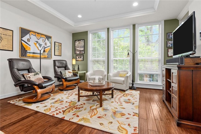 sitting room featuring a raised ceiling, plenty of natural light, wood-type flooring, recessed lighting, and baseboards