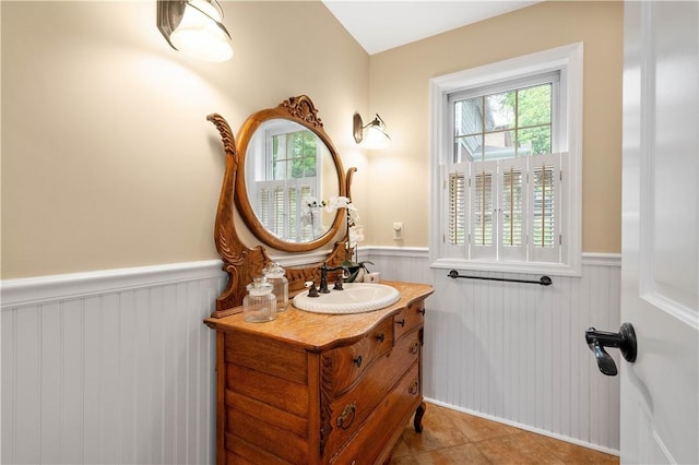 221 Magnolia Pl, Mt Lebanon, PA 15228 - bathroom with wainscoting, vanity, and tile patterned floors