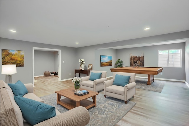 living room featuring light wood-type flooring, recessed lighting, pool table, and baseboards