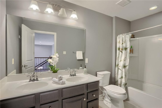 full bathroom with toilet, double vanity, and shower / bath combination with curtain