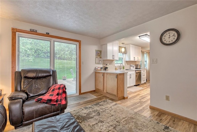 kitchen featuring stainless steel dishwasher, baseboards, light countertops, light wood finished floors, and a textured ceiling