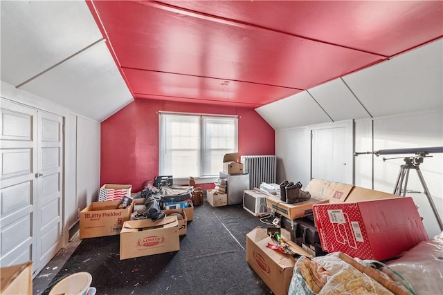 additional living space featuring vaulted ceiling and carpet flooring