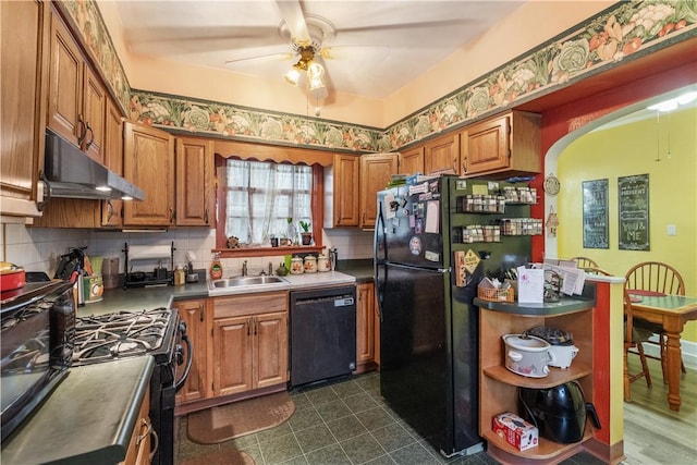 kitchen featuring black appliances, under cabinet range hood, a sink, open shelves, and ceiling fan