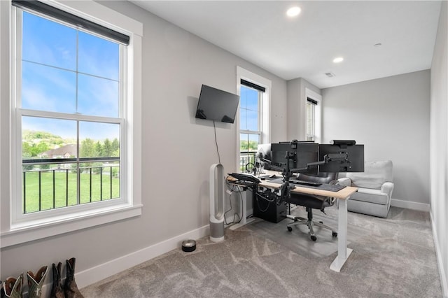 carpeted office space featuring baseboards and recessed lighting