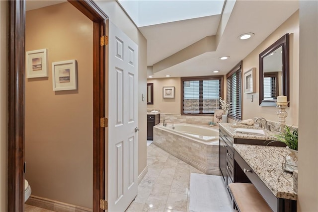 304 Diana Dr, Robinson Twp Nwa, PA 15136 - bathroom with a bath, vanity, marble look tiles, toilet, and recessed lighting