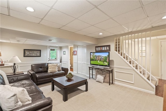 304 Diana Dr, Robinson Twp Nwa, PA 15136 - carpeted living area with a drop ceiling, stairway, and recessed lighting