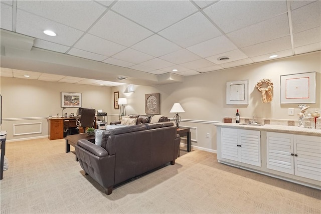 304 Diana Dr, Robinson Twp Nwa, PA 15136 - living room with light carpet, a paneled ceiling, a desk, wainscoting, and recessed lighting