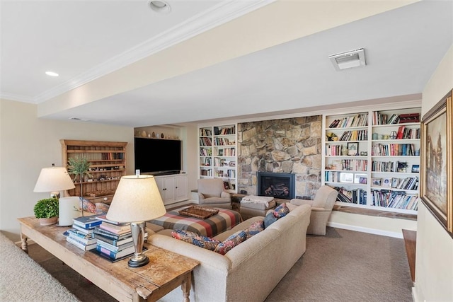 carpeted living room featuring ornamental molding, recessed lighting, a stone fireplace, built in features, and baseboards