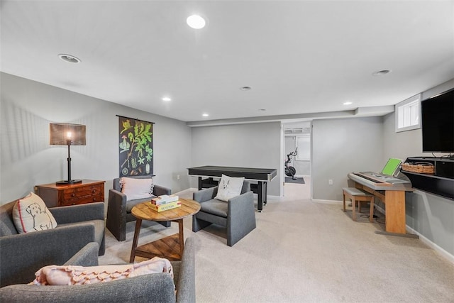 living area with light colored carpet, recessed lighting, and baseboards
