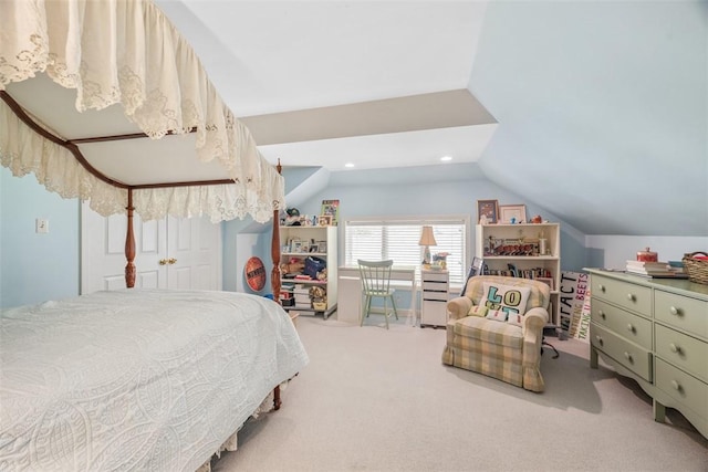 carpeted bedroom featuring lofted ceiling and recessed lighting