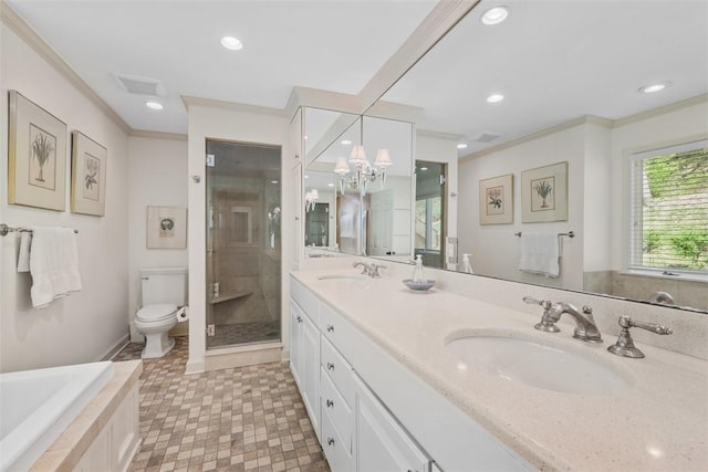full bath featuring toilet, a shower stall, ornamental molding, double vanity, and a garden tub