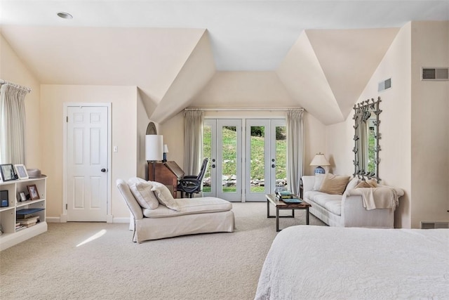 carpeted bedroom featuring access to exterior, lofted ceiling, and baseboards
