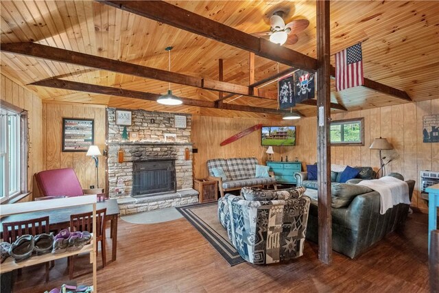 1036 Causeway Dr, Lake Stonycreek, PA 15541 - living room featuring wood walls, beam ceiling, wood finished floors, wood ceiling, and a fireplace