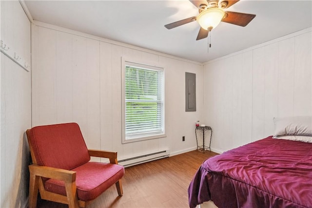 1036 Causeway Dr, Lake Stonycreek, PA 15541 - bedroom featuring a baseboard radiator, electric panel, wood finished floors, and a ceiling fan