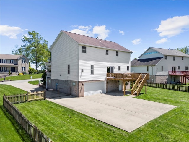 rear view of property featuring stairs, a deck, brick siding, and an attached garage