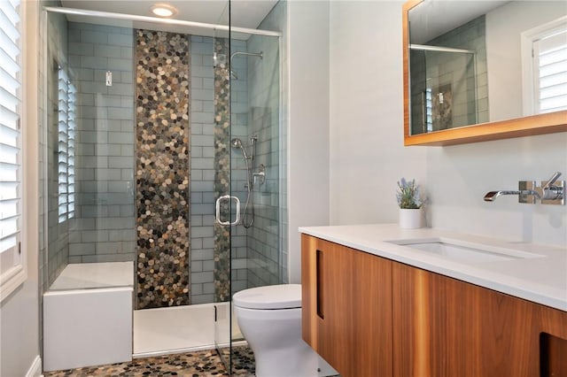 bathroom featuring a stall shower, toilet, and vanity