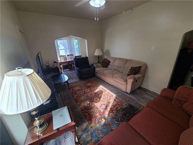 743 Taylor Ave, Avalon, PA 15202 - living room with wood finished floors, a ceiling fan, and baseboards