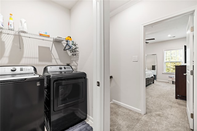 128 Cole Dr, Robinson Twp Nwa, PA 15136 - laundry room featuring washing machine and clothes dryer, light carpet, baseboards, and attic access