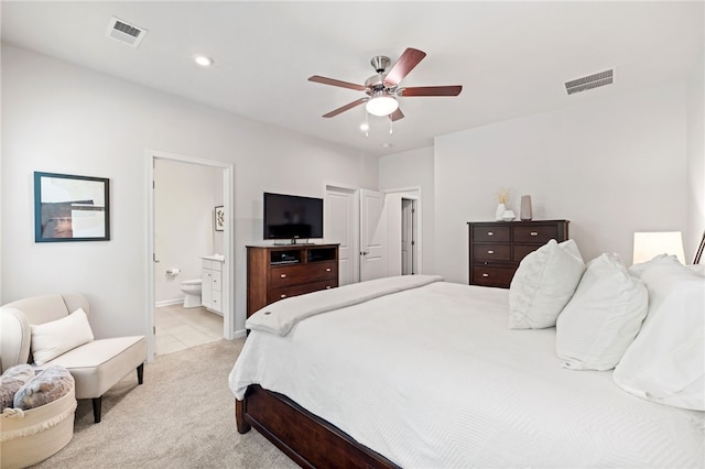128 Cole Dr, Robinson Twp Nwa, PA 15136 - bedroom with light colored carpet, connected bathroom, a ceiling fan, baseboards, and recessed lighting