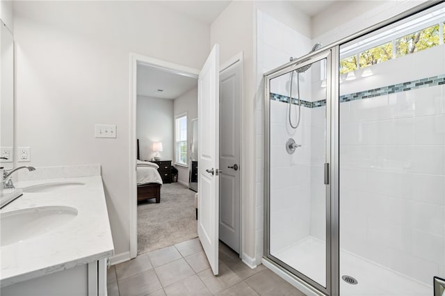 128 Cole Dr, Robinson Twp Nwa, PA 15136 - bathroom with connected bathroom, a stall shower, tile patterned floors, and baseboards