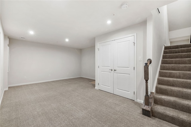 128 Cole Dr, Robinson Twp Nwa, PA 15136 - below grade area featuring carpet floors, stairway, recessed lighting, and baseboards