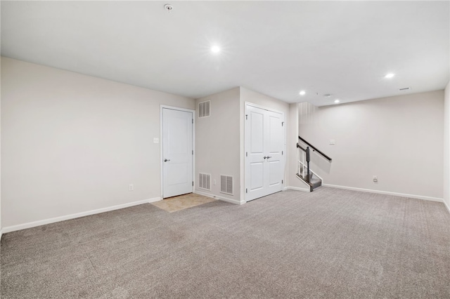 128 Cole Dr, Robinson Twp Nwa, PA 15136 - below grade area with recessed lighting, stairway, baseboards, and light colored carpet