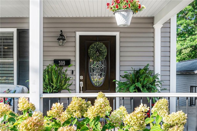 view of exterior entry with a porch