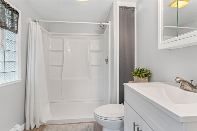 247 Pringle St, Banksville/Westwood, PA 15106 - bathroom featuring a stall shower, toilet, vanity, and a baseboard radiator
