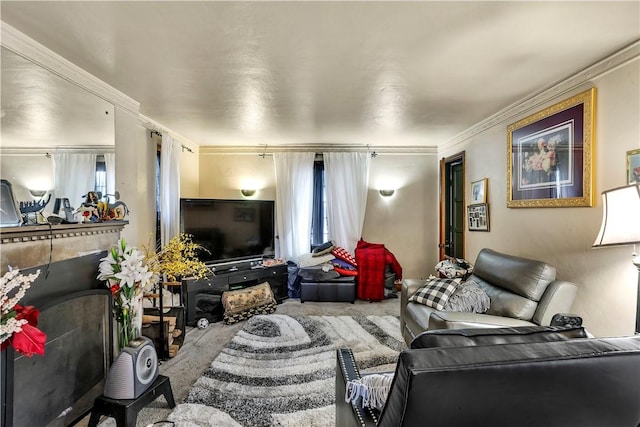 living room with carpet floors and crown molding